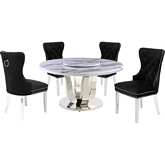 D16 6 Piece Dining Set with Lazy Susan in White Marble, Stainless & Black Velvet