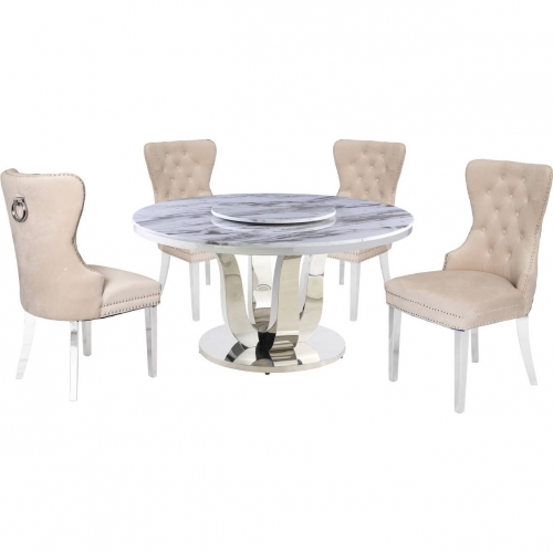 D16 6 Piece Dining Set with Lazy Susan in White Marble, Stainless & Cream Velvet