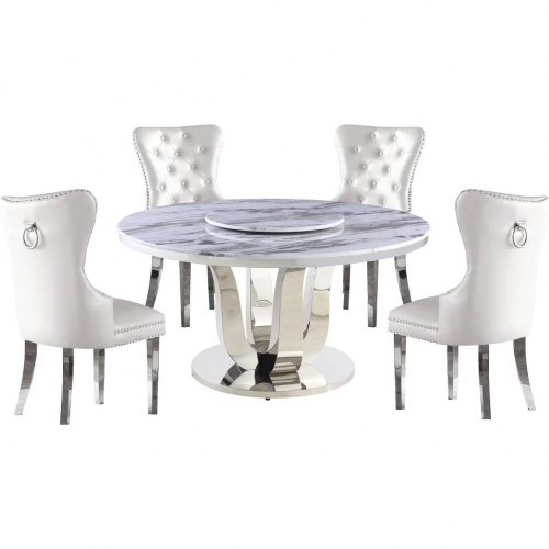 D16 6 Piece Dining Set with Lazy Susan in White Marble, Stainless & White Leatherette