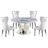 D16 6 Piece Dining Set with Lazy Susan in White Marble, Stainless & White Leatherette