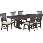 D160 7 Piece Dining Set in Rustic Brown Wood & Beige Linen