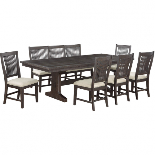 D160 7 Piece Dining Set with Bench in Rustic Brown Wood & Beige Linen