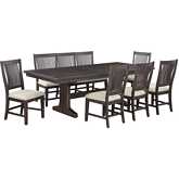 D160 7 Piece Dining Set with Bench in Rustic Brown Wood & Beige Linen