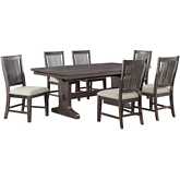 D162 7 Piece Dining Set in Rustic Brown Wood & Beige Linen