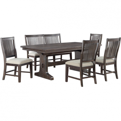 D160 6 Piece Dining Set with Bench in Rustic Brown Wood & Beige Linen
