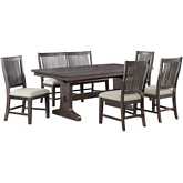 D160 6 Piece Dining Set with Bench in Rustic Brown Wood & Beige Linen