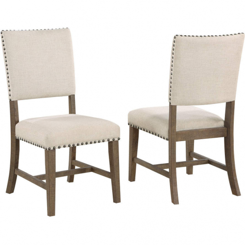 D174 Dining Chair in Brown Oak Finish Wood & Beige Linen with Nailhead (Set of 2)