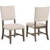 D174 Dining Chair in Brown Oak Finish Wood & Beige Linen with Nailhead (Set of 2)