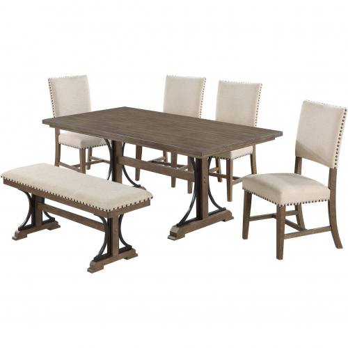 D174 6 Piece Dining Set with Bench in Brown Oak Wood & Beige Linen