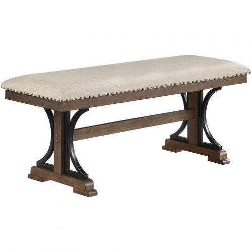 D178 Dining Bench in Brown Oak Finish & Beige Linen with Nailhead Trim