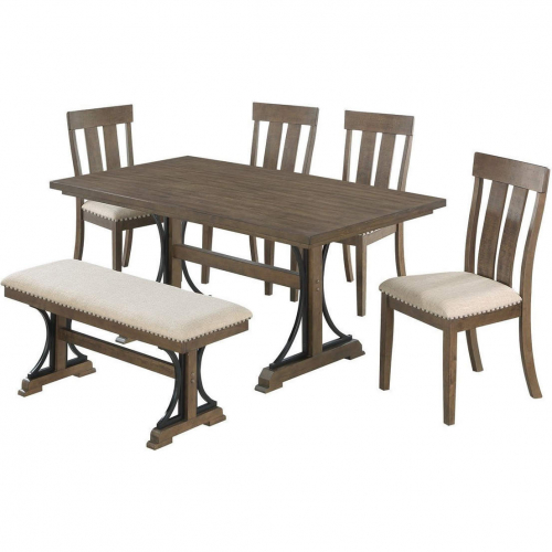 D178 6 Piece Dining Set with Bench in Brown Oak Wood & Beige Linen