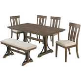 D178 6 Piece Dining Set with Bench in Brown Oak Wood & Beige Linen