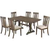 D178 7 Piece Dining Set in Brown Oak Wood & 6 Beige Linen