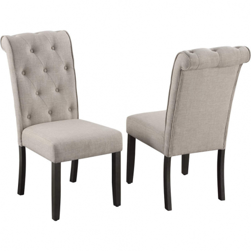 D186 Dining Chair in Weathered Gray Wood & Tufted Beige Fabric (Set of 2)