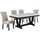 D186 5 Piece Dining Set in White Faux Marble, Weathered Gray Wood & Beige Linen
