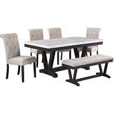 D186 6 Piece Dining Set in White Faux Marble, Weathered Gray Wood & Beige Linen