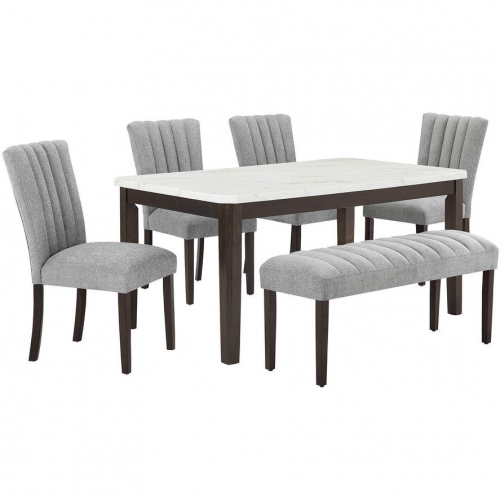 D187 6 Piece Dining Set in White Faux Marble, Espresso Wood & Tufted Gray Linen