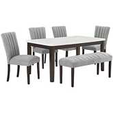 D187 6 Piece Dining Set in White Faux Marble, Espresso Wood & Tufted Gray Linen