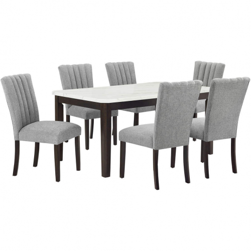 D187 7 Piece Dining Set in White Faux Marble, Espresso Wood & Tufted Gray Linen
