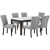 D187 7 Piece Dining Set in White Faux Marble, Espresso Wood & Tufted Gray Linen