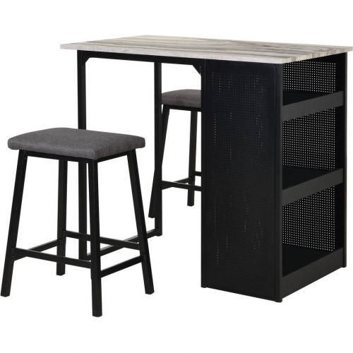 D19 3 Piece Counter Dining Set in Faux Marble, Black Iron & Gray Fabric