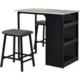D19 3 Piece Counter Dining Set in Faux Marble, Black Iron & Gray Fabric