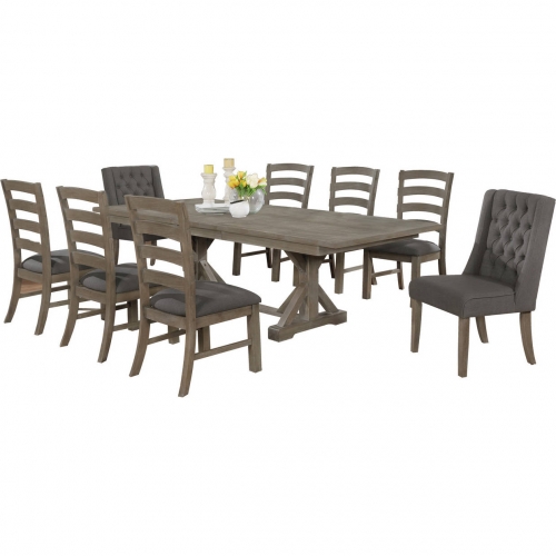 D21 9 Piece Dining Set in Rustic Gray Brown Wood & Gray Linen