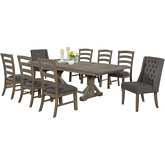 D21 9 Piece Dining Set in Rustic Gray Brown Wood & Gray Linen