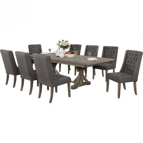 D21 9 Piece Dining Set in Rustic Gray Brown Wood & Tufted Gray Linen