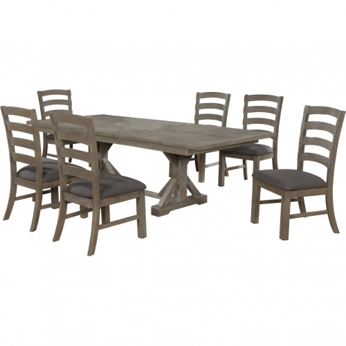 D21 7 Piece Dining Set Rustic Gray Brown Wood & Gray Linen