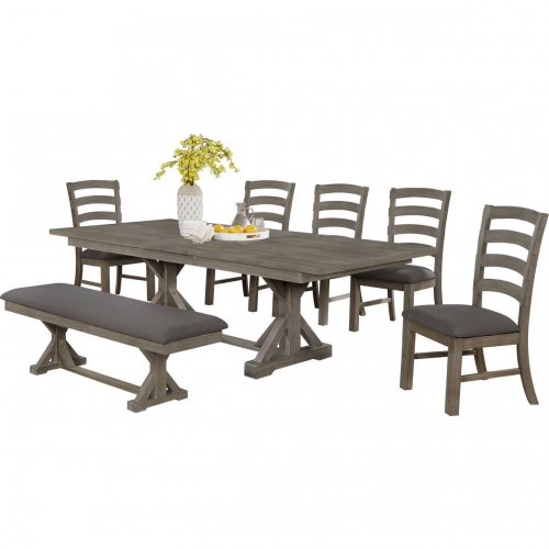 D21 7 Piece Dining Set Rustic Gray Brown Wood & Gray Linen