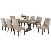 D22 9 Piece Dining Set in Gray Brown Wood & Beige Linen
