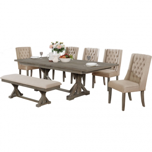 D22 7 Piece Dining Set in Gray Brown Wood & Beige Linen