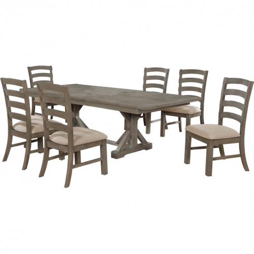 D22 7 Piece Dining Set in Gray Brown Wood & Beige Linen