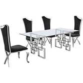 D221 5 Piece Dining Set in Glass, Silver Stainless Steel & Black Velvet