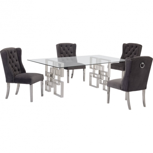 D221 5 Piece Dining Set in Glass, Silver Stainless Steel & Dark Gray Velvet