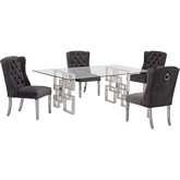 D221 5 Piece Dining Set in Glass, Silver Stainless Steel & Dark Gray Velvet