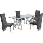 D221 5 Piece Dining Set in Glass, Silver Stainless Steel & Dark Gray Velvet
