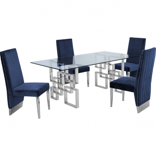 D221 5 Piece Dining Set in Glass, Silver Stainless Steel & Navy Blue Velvet