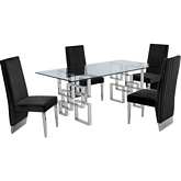 D221 5 Piece Dining Set in Glass, Silver Stainless Steel & Black Velvet