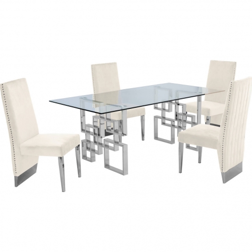 D221 5 Piece Dining Set in Glass, Silver Stainless Steel & Cream Velvet