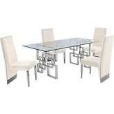 D221 5 Piece Dining Set in Glass, Silver Stainless Steel & Cream Velvet