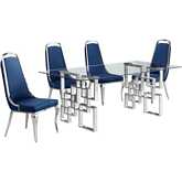 D221 5 Piece Dining Set in Tempered Glass, Stainless, Navy Blue Velvet & Chrome