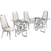 D221 5 Piece Dining Set in Tempered Glass, Stainless, Cream Velvet & Chrome