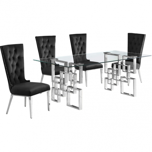 D221 5 Piece Dining Set in Tempered Glass, Stainless, Black Velvet & Chrome