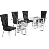 D221 5 Piece Dining Set in Tempered Glass, Stainless, Black Velvet & Chrome