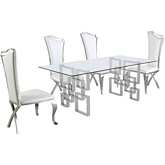 D221 5 Piece Dining Set in Glass, Silver Stainless Steel & White Leatherette