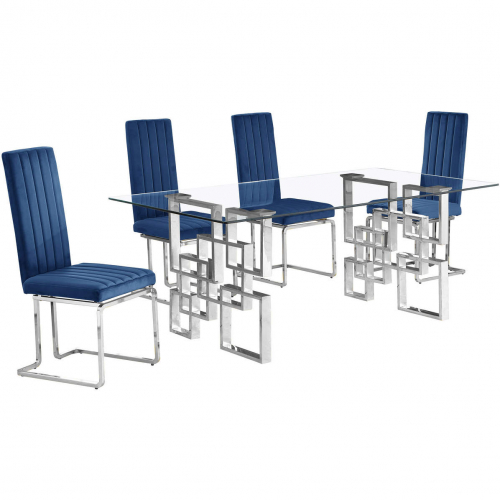 D221 5 Piece Dining Set in Tempered Glass, Stainless, Navy Blue Velvet & Chrome