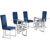D221 5 Piece Dining Set in Tempered Glass, Stainless, Navy Blue Velvet & Chrome