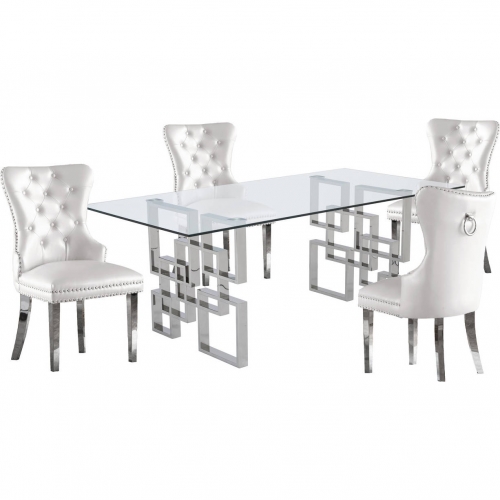 D221 5 Piece Dining Set in Glass, Silver Stainless Steel & White Leatherette